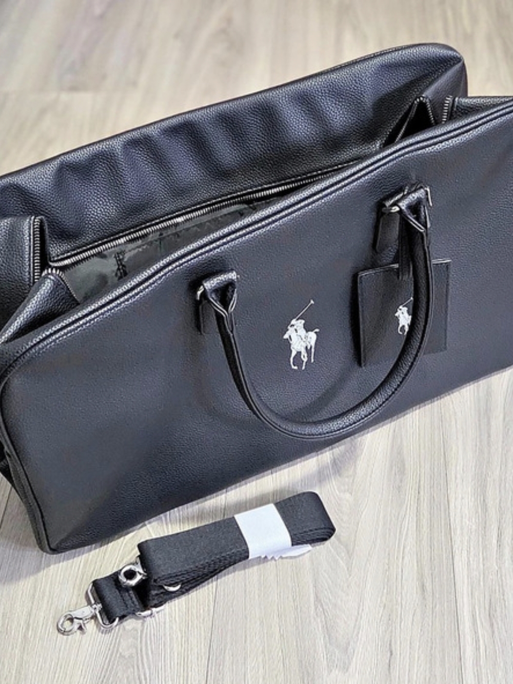 NWOT Polo Ralph Lauren Fragrances Travel Duffle Bag Black Faux Pebbled Leather
